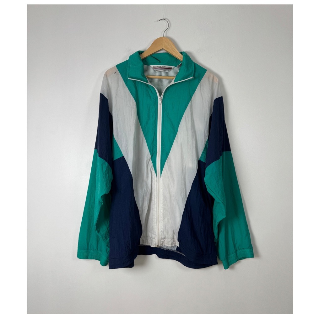 90s Sportime Actionwear Mens 2XLXT Windbreaker Teal White Navy Colorblock Jacket
